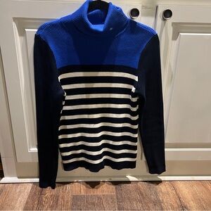 Lauren Ralph Lauren Womens Blue Black Ribbed Turtleneck Cotton Sweater Logo L